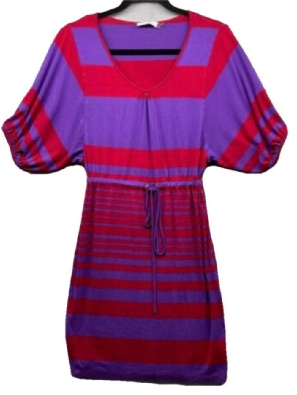 Red + Purple Sundress Dolman Short Sleeves Cinch Waist Colorblock Above the Knee